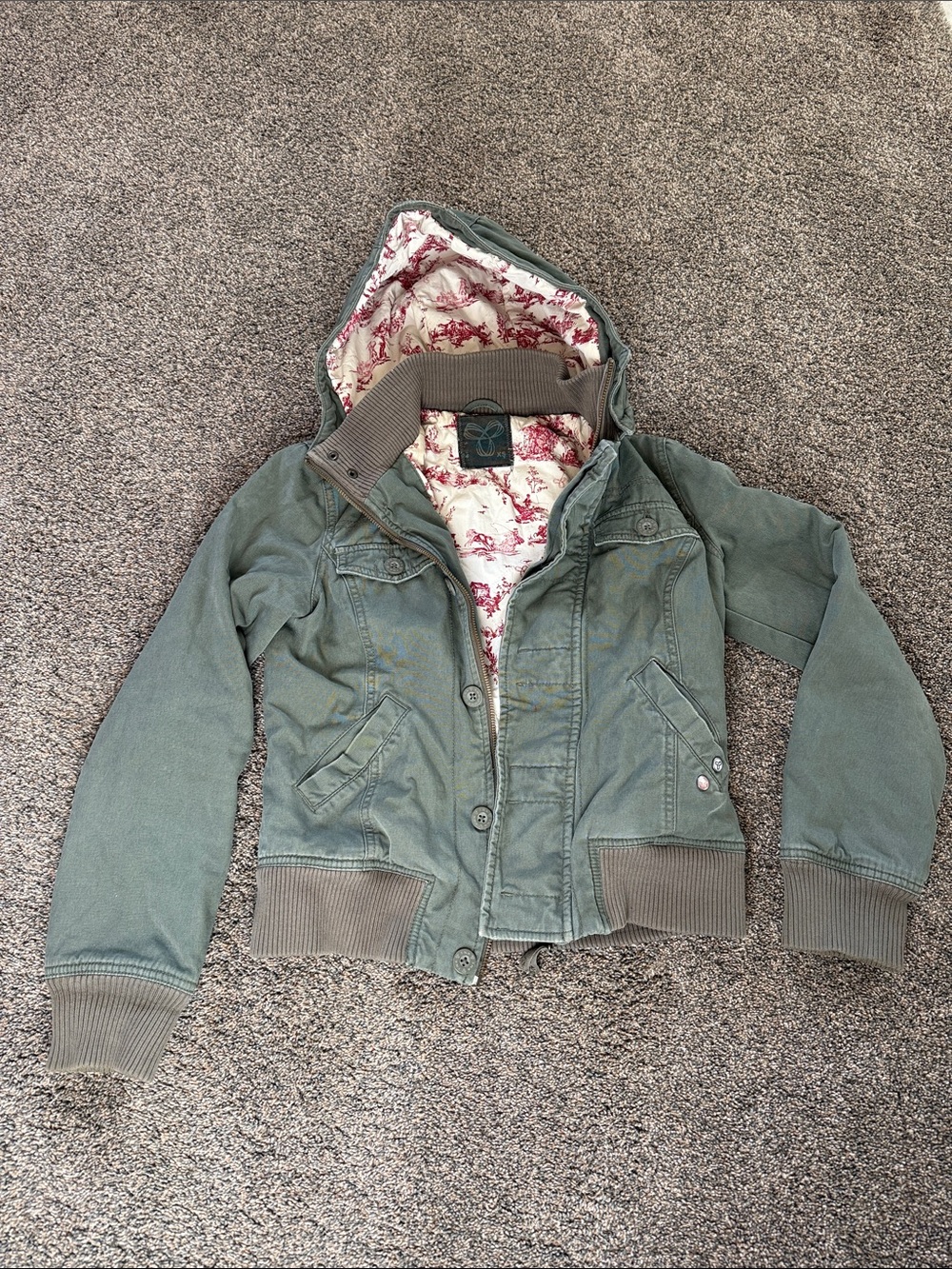 Aritzia Olive Green Hooded Bomber Jacket with Floral Lining